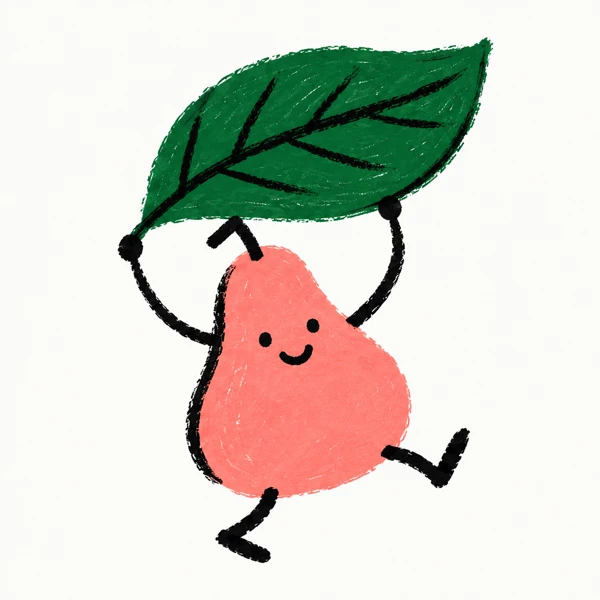A dancing pink pear holding an enormous leaf over its head